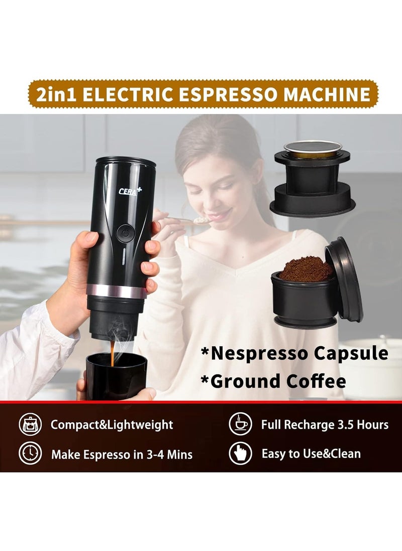 CERA+ Portable Mini Espresso Machine, 12V/24V Rechargeable Car Coffee Maker with Self-Heating, 20 Bar Pressure Compatible with NS Pods & Ground Coffee for Travel, Camping, Office, Home