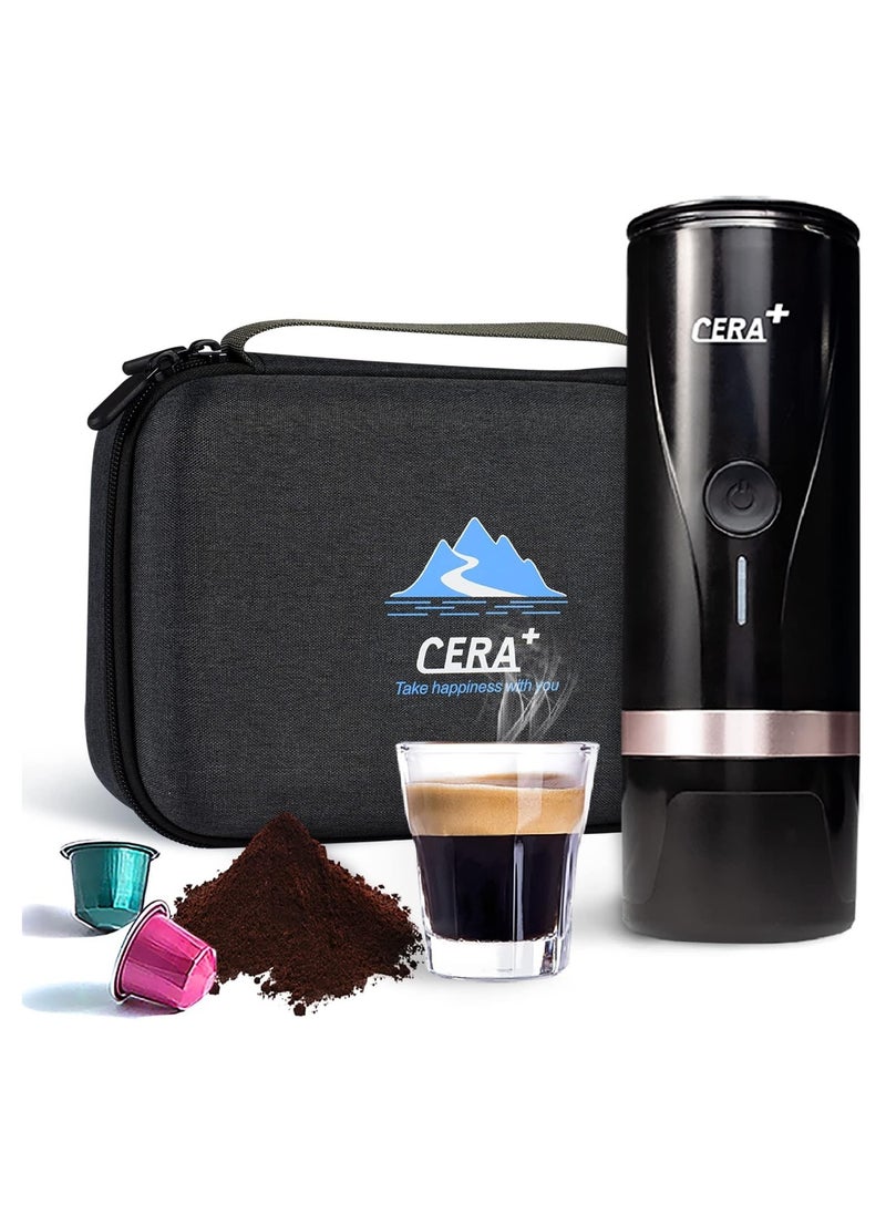 CERA+ Portable Mini Espresso Machine, 12V/24V Rechargeable Car Coffee Maker with Self-Heating, 20 Bar Pressure Compatible with NS Pods & Ground Coffee for Travel, Camping, Office, Home