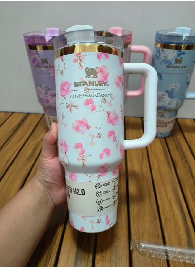 Stainless Steel Vacuum Insulated Tumbler with Lid and Straw for Water, Iced Tea or Coffee, Smoothie and More, 40 oz multicolour with pink flower