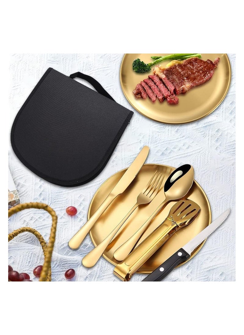 10pcs Set Of Portable Knife, Fork, Spoon, Plate, Steak Clip Set, Camping Picnic, 2 person Tableware Package, Outdoor Stainless Steel Tableware Set