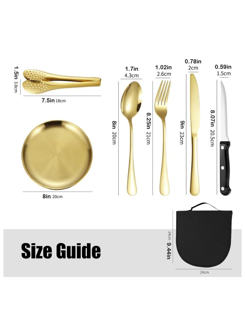 10pcs Set Of Portable Knife, Fork, Spoon, Plate, Steak Clip Set, Camping Picnic, 2 person Tableware Package, Outdoor Stainless Steel Tableware Set