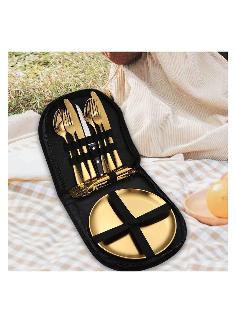 10pcs Set Of Portable Knife, Fork, Spoon, Plate, Steak Clip Set, Camping Picnic, 2 person Tableware Package, Outdoor Stainless Steel Tableware Set