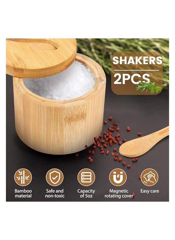 Bamboo Salt Bowls, Salt and Pepper Box with Magnetic Swivel Lid and Spoon, Seasoning Container for Salt, Pepper, Spice, and Sugar, 2PCS