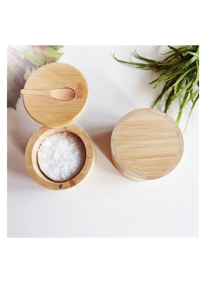 Bamboo Salt Bowls, Salt and Pepper Box with Magnetic Swivel Lid and Spoon, Seasoning Container for Salt, Pepper, Spice, and Sugar, 2PCS