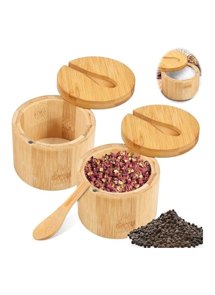 Bamboo Salt Bowls, Salt and Pepper Box with Magnetic Swivel Lid and Spoon, Seasoning Container for Salt, Pepper, Spice, and Sugar, 2PCS