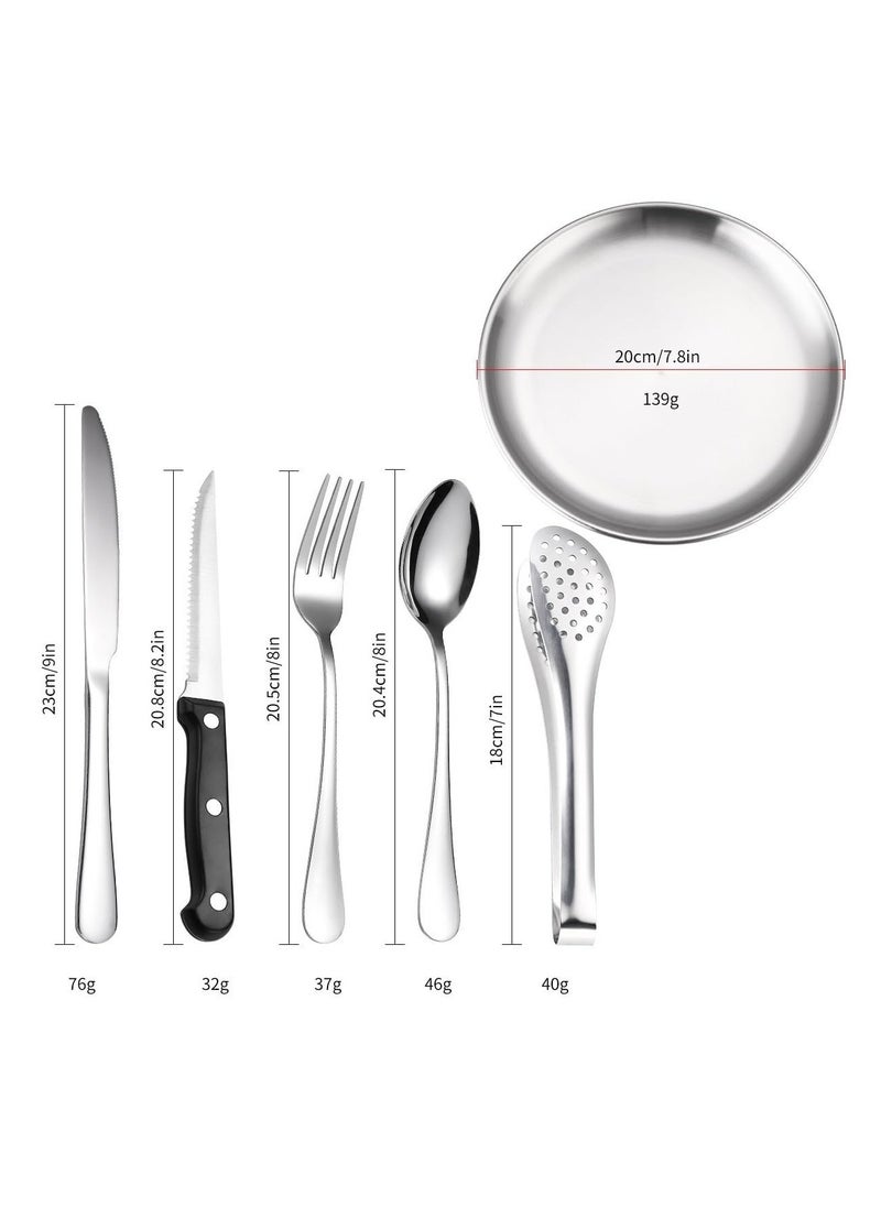 Silverware Flatware Cutlery Set, 20-piece Outdoor Camping Stainless Steel Cutlery, Forks, Spoons, Plates, Food Clips, Portable Cutlery Bag Set (Color : Silver)