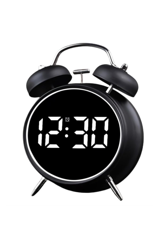 Twin Bell Alarm Clock, LED Display Digital Clock with Night Light, USB RechargeableBattery Operated Loud Bell Metal Alarm Clock for Office Bedroom Black