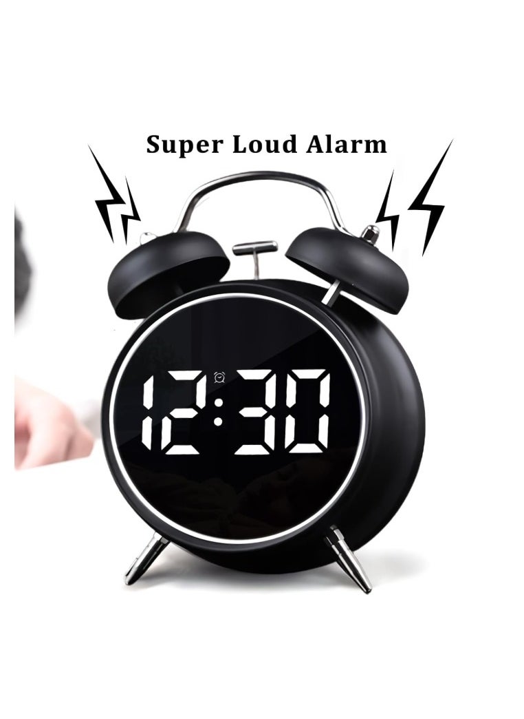 Twin Bell Alarm Clock, LED Display Digital Clock with Night Light, USB RechargeableBattery Operated Loud Bell Metal Alarm Clock for Office Bedroom Black