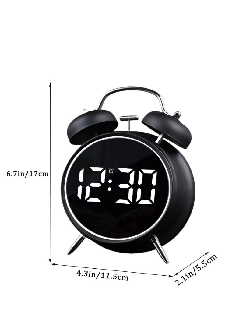 Twin Bell Alarm Clock, LED Display Digital Clock with Night Light, USB RechargeableBattery Operated Loud Bell Metal Alarm Clock for Office Bedroom Black