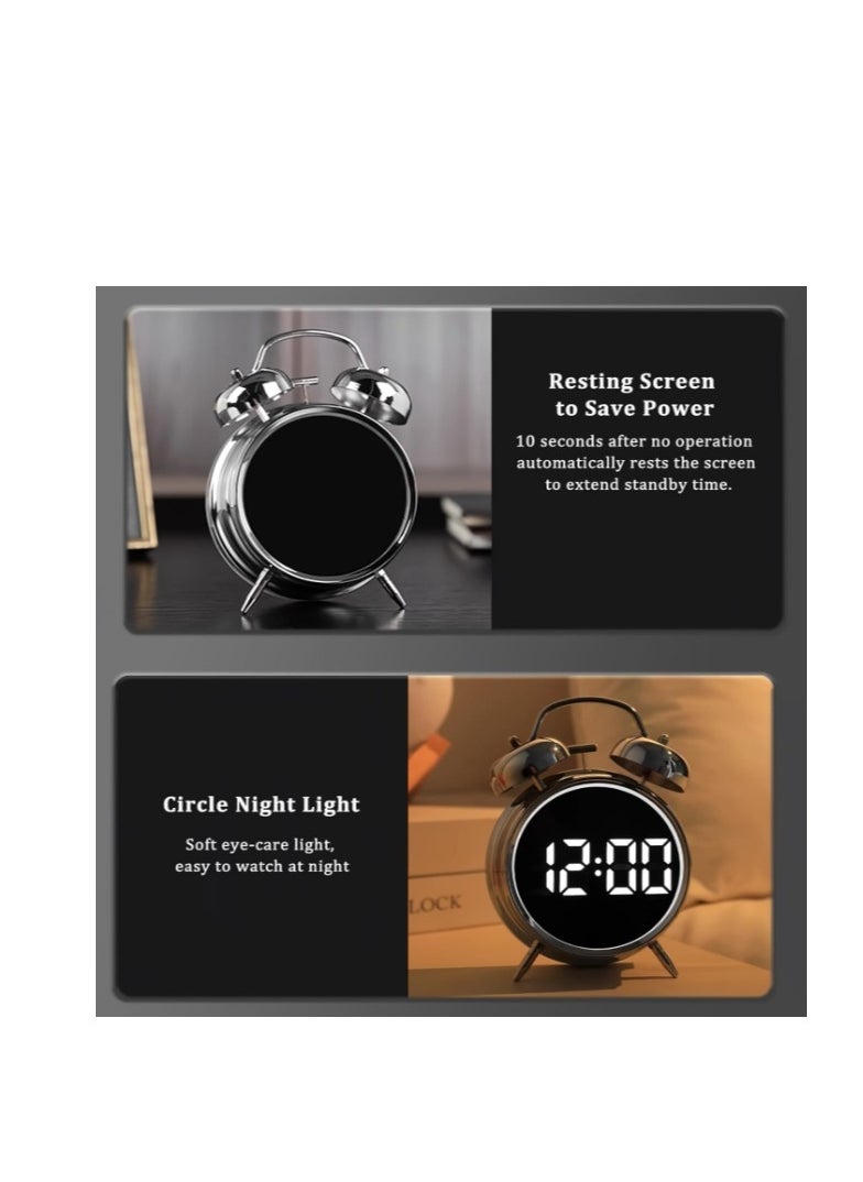 Twin Bell Alarm Clock, LED Display Digital Clock with Night Light, USB RechargeableBattery Operated Loud Bell Metal Alarm Clock for Office Bedroom Black