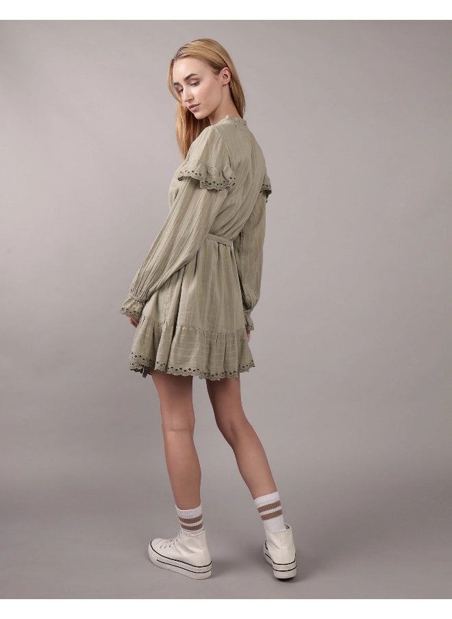 AE Long-Sleeve Button-Up Ruffle Mini Dress