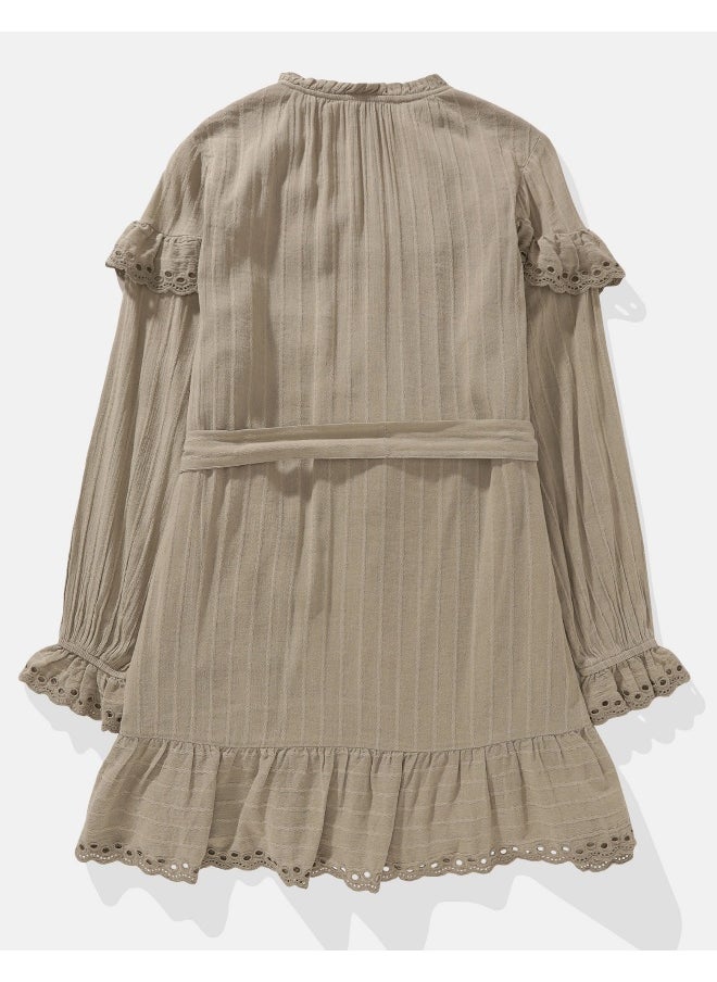 AE Long-Sleeve Button-Up Ruffle Mini Dress