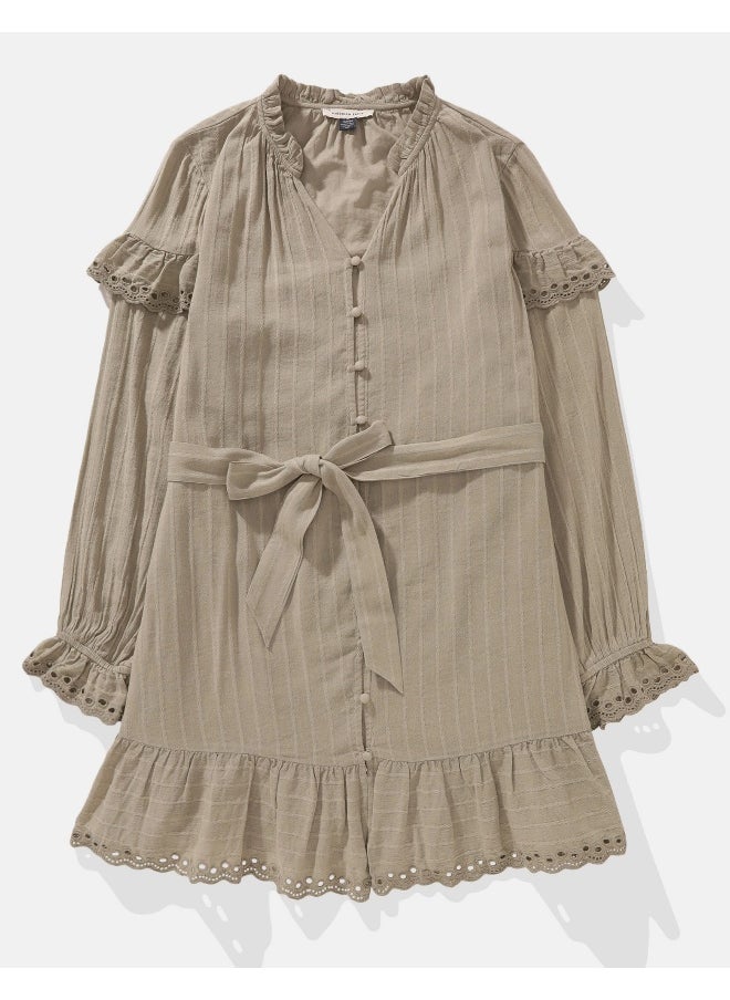 AE Long-Sleeve Button-Up Ruffle Mini Dress