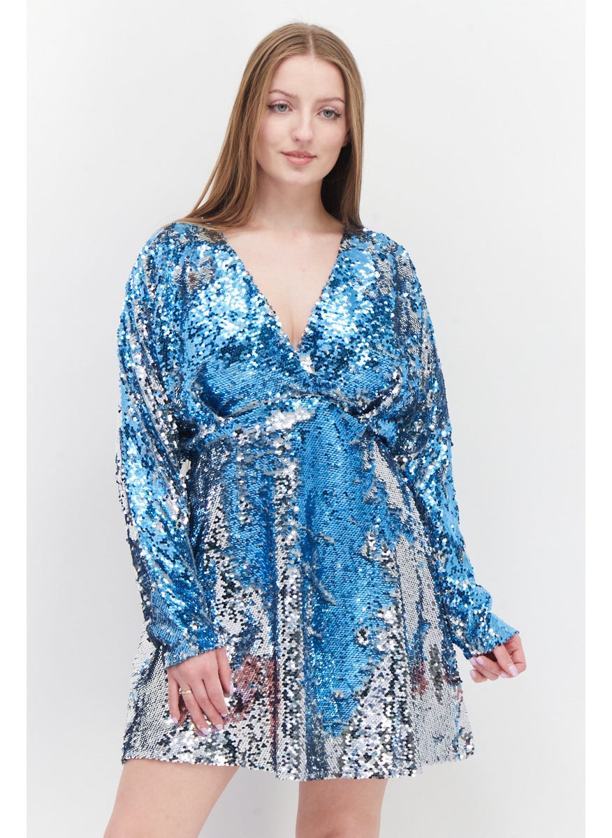 Women Embellished  Mini Dress, Blue