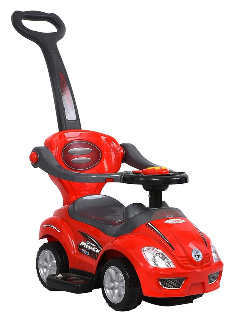 ChromeWheels 3 in 1 Ride on Toys Push Car with Guardrail, Mega Car for Toddlers, w/Handle, Horn, Music, Color Red