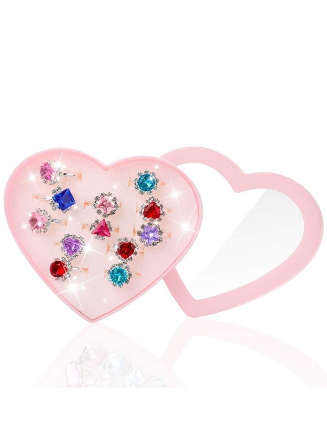 12 Pcs Girls Crystal Adjustable Rings, Princess Jewelry Finger Rings With Heart Shape Box, Girl Pretend Play And Dress Up Rings For Children Kids Little Girls - Random