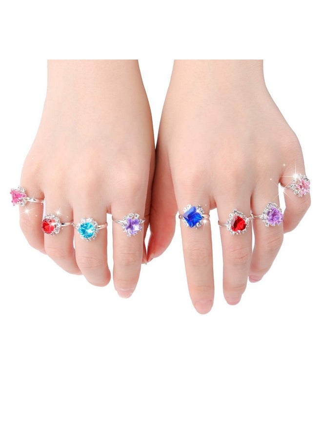 12 Pcs Girls Crystal Adjustable Rings, Princess Jewelry Finger Rings With Heart Shape Box, Girl Pretend Play And Dress Up Rings For Children Kids Little Girls - Random