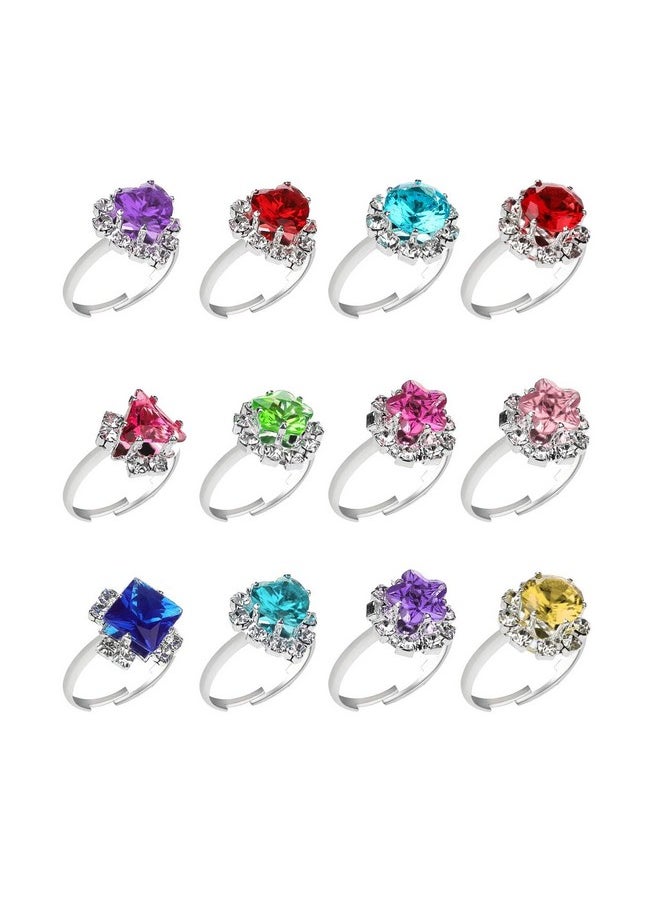 12 Pcs Girls Crystal Adjustable Rings, Princess Jewelry Finger Rings With Heart Shape Box, Girl Pretend Play And Dress Up Rings For Children Kids Little Girls - Random