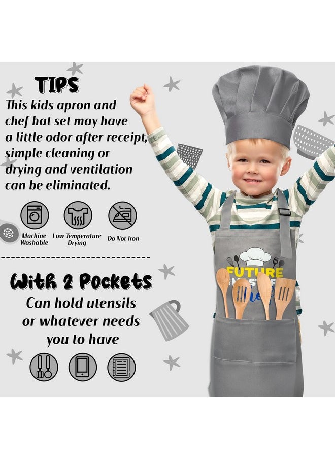 Kid Apron And Chef Hat Set 2Pcs Adjustable Children Gray Kitchen Apron, Dress Up Role Play Chef Toy Cooking Baking Painting And Training Kits Kid Funny Cooking Birthday Gift For Kids