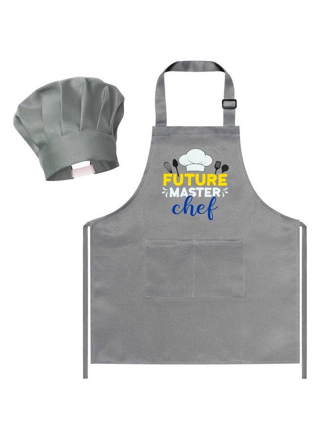 Kid Apron And Chef Hat Set 2Pcs Adjustable Children Gray Kitchen Apron, Dress Up Role Play Chef Toy Cooking Baking Painting And Training Kits Kid Funny Cooking Birthday Gift For Kids