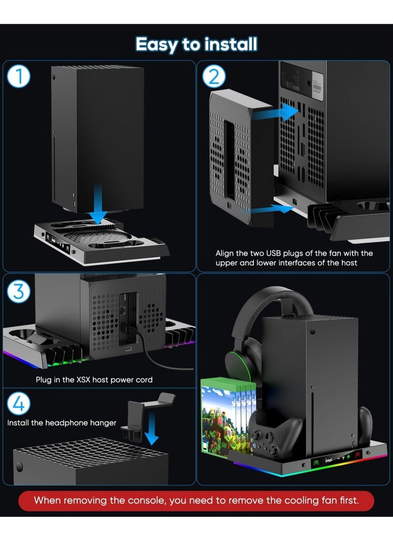 PG-XBX023S Upgraded RGB Cooling Fan Charging Station for Xbox Series X Console and Controller, Wireless Dual Charger Dock & Cooler System Stand with 15 Colorful Light Modes for XSX Accessories Kit