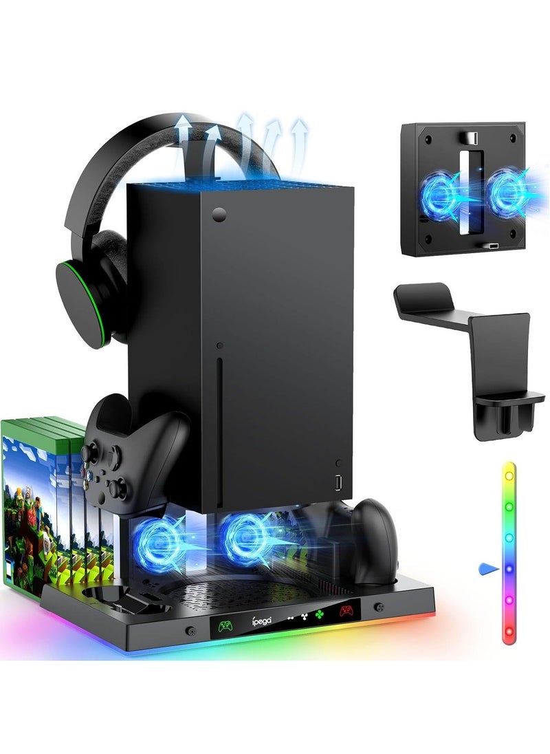 PG-XBX023S Upgraded RGB Cooling Fan Charging Station for Xbox Series X Console and Controller, Wireless Dual Charger Dock & Cooler System Stand with 15 Colorful Light Modes for XSX Accessories Kit