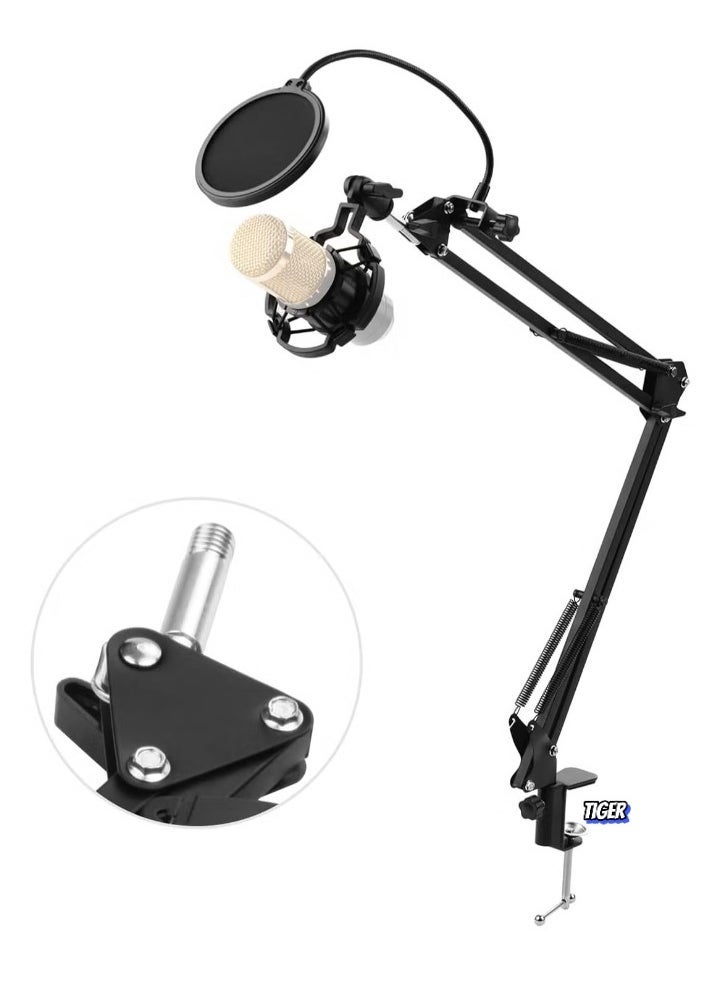 Adjustable Foldable Microphone Stand – Heavy Duty Metal Mic Arm Bracket with Shock Proof Holder, Windshield Pop Filter for Studio Recording, Live Video Broadcasting, and Online Singing