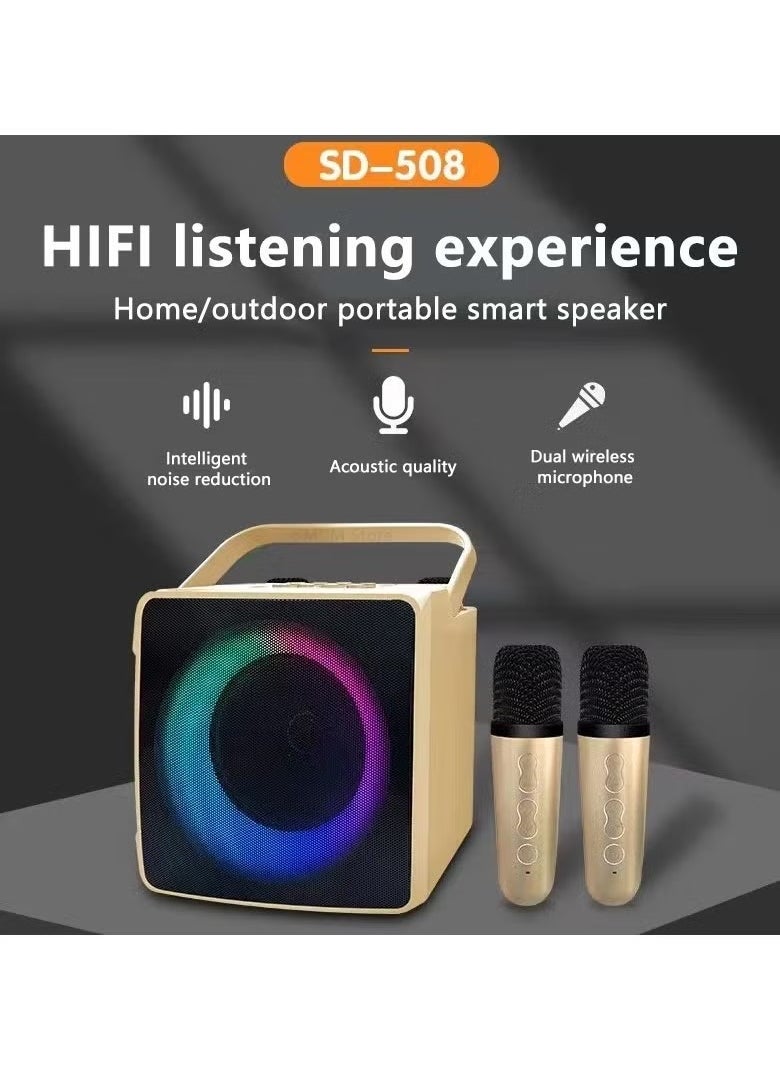 SD508 Karaoke Bluetooth Speaker with 2 Wireless Microphones – High-Powered Sound, LED Lights, Portable Party Speaker, Perfect for Home, Parties, and Outdoor Karaoke