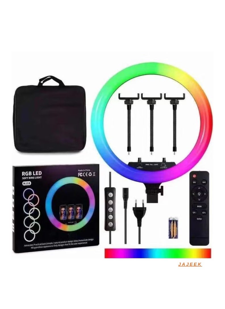 RGB LED Soft Ring Light – MJ18 M45 Touch Control with 3 Phone Holder Clips & Remote (18