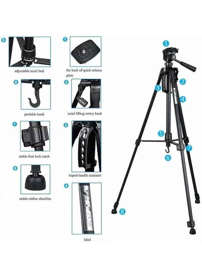 Aluminum Portable Tripod for DSLR Camera Camcorder WF-3520 - Lightweight, Adjustable, Compact Design, Ideal for Photography, Videography, Travel, Black