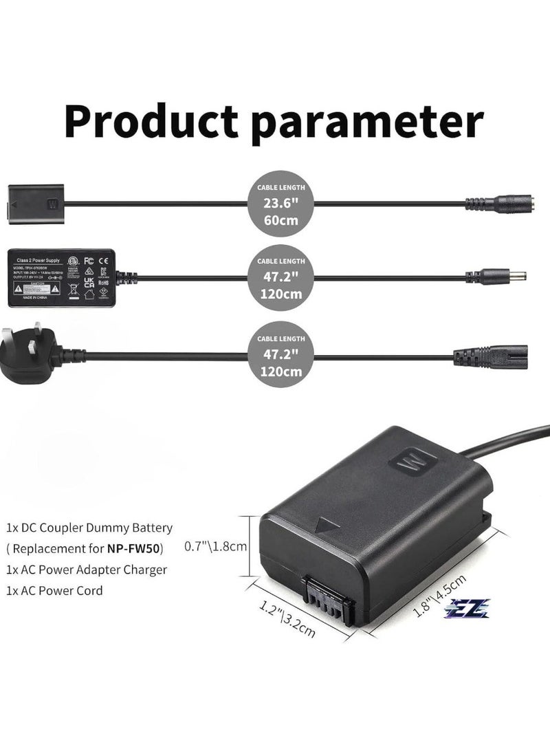 AC PW20 Power Supply Adapter & NP-FW50 Dummy Battery Kit for Sony Alpha Cameras – Compatible with A6500, A6400, A6300, A6100, A6000, A5100, A7 Series, RX10, ZV-E10 – Continuous Power for Photography & Videography