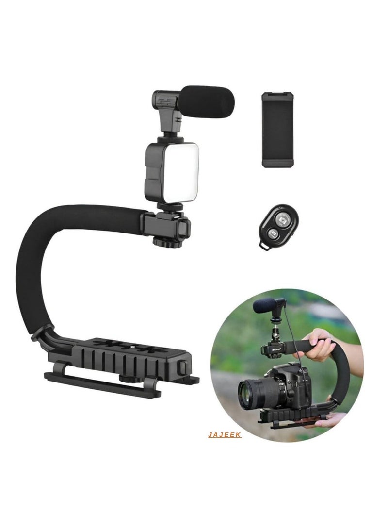 Video Making Kit – Portable Camera Stabilizer, Fill Light, Microphone, Portable Vlog Holder Mount Kit for Universal Photography – Ideal for Vlogging, Content Creation, Live Streaming, YouTube, and Mobile Photography