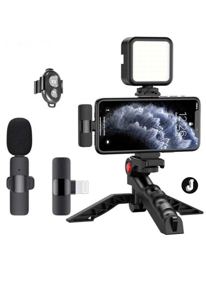 NEW Professional Vlogging Kit – Remote Control, Foldable Tripod, LED Lamp, & Wireless Lavalier Microphone for iPhone