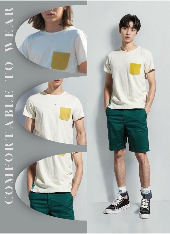 LoryLux Boys' White & Yellow Pocket T-Shirt – 100% Organic Cotton, Short Sleeve