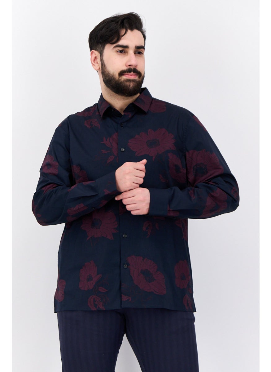 Men Stretch Fit Floral Pattern Long Sleeves Casual Shirt, Navy