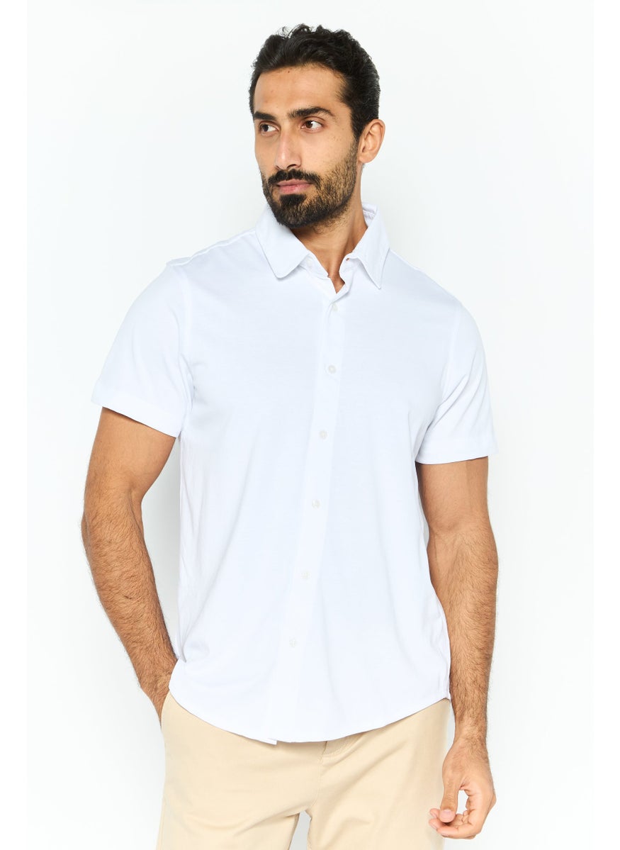 Men Regular Fit Plain Short Sleeve Casual Shirt, White