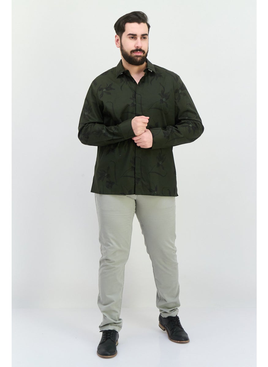 Men Stretch Floral Long Sleeves Casual Shirt, Olive