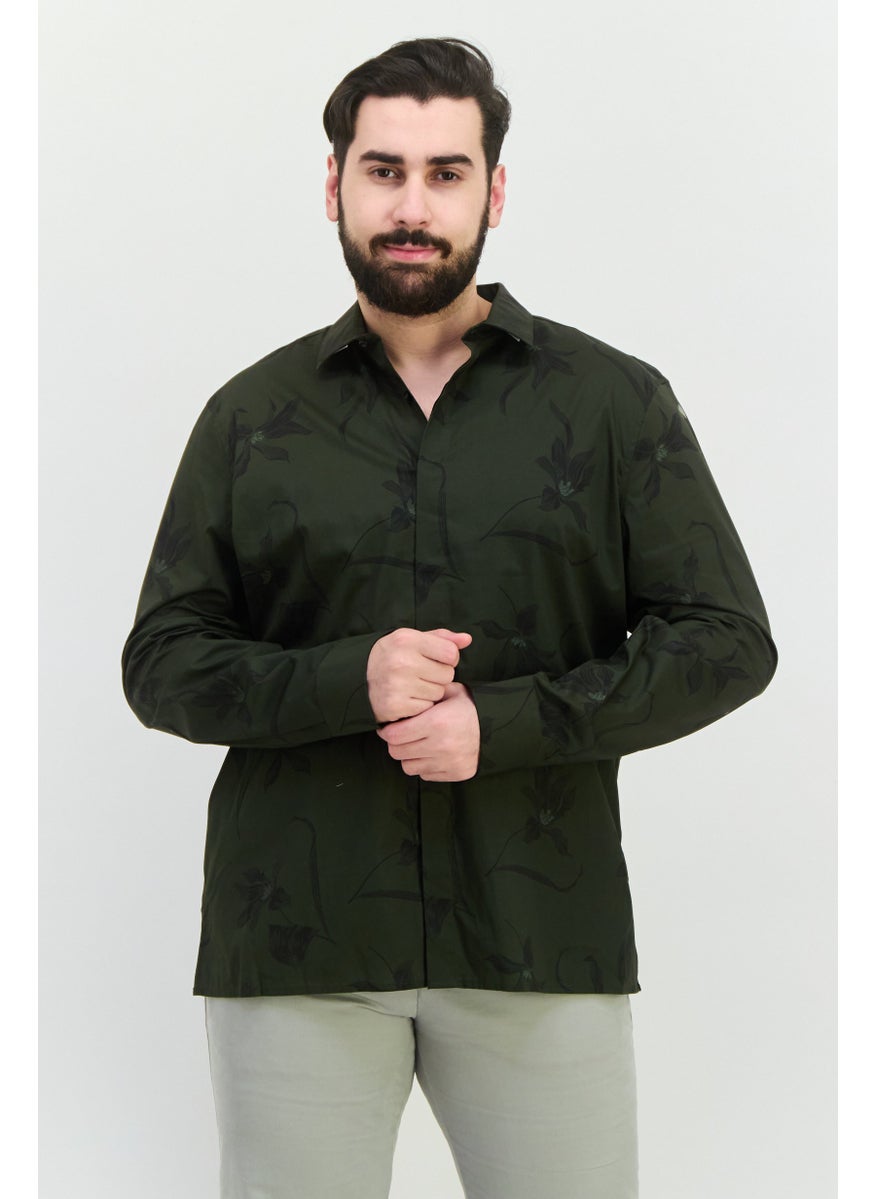 Men Stretch Floral Long Sleeves Casual Shirt, Olive