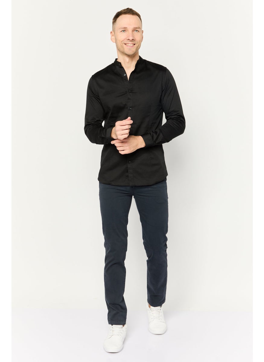 Men Super Slim Fit Solid Long Sleeves Casual Shirt, Black