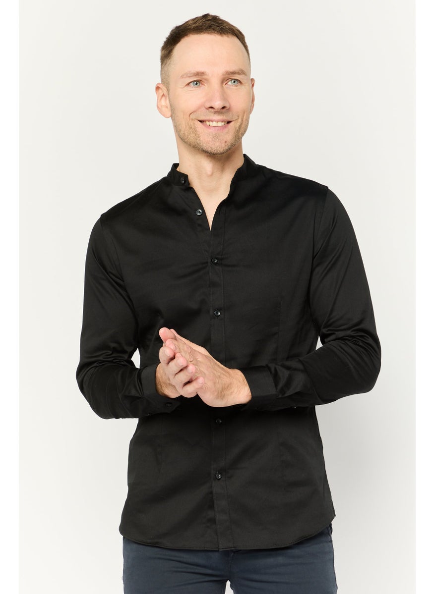 Men Super Slim Fit Solid Long Sleeves Casual Shirt, Black