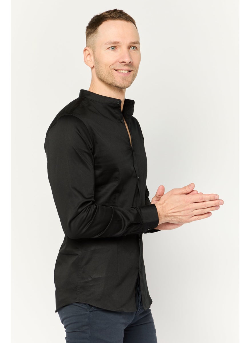 Men Super Slim Fit Solid Long Sleeves Casual Shirt, Black