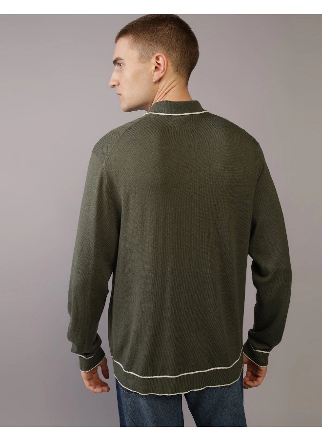 AE Long-Sleeve Tipped Sweater Polo Shirt