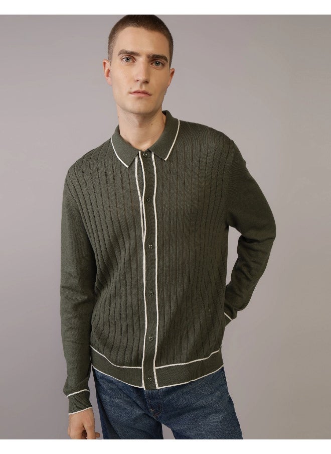 AE Long-Sleeve Tipped Sweater Polo Shirt