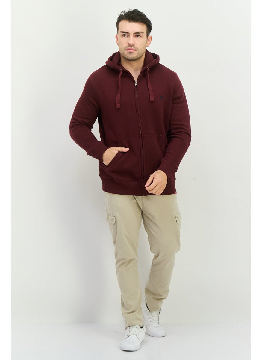 Men Brand Logo Long Sleeves Hooded Sweatshirt, Maroon