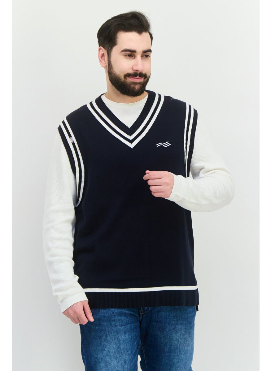 Men V Neck Embroidered Sweater, Navy