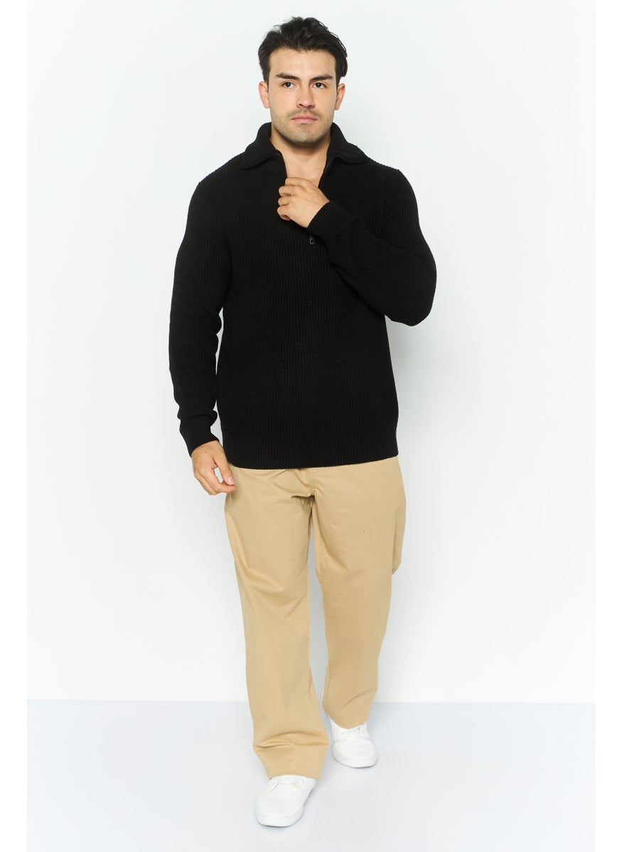 Men High Neck Long Sleeves Textured Sweater, Black