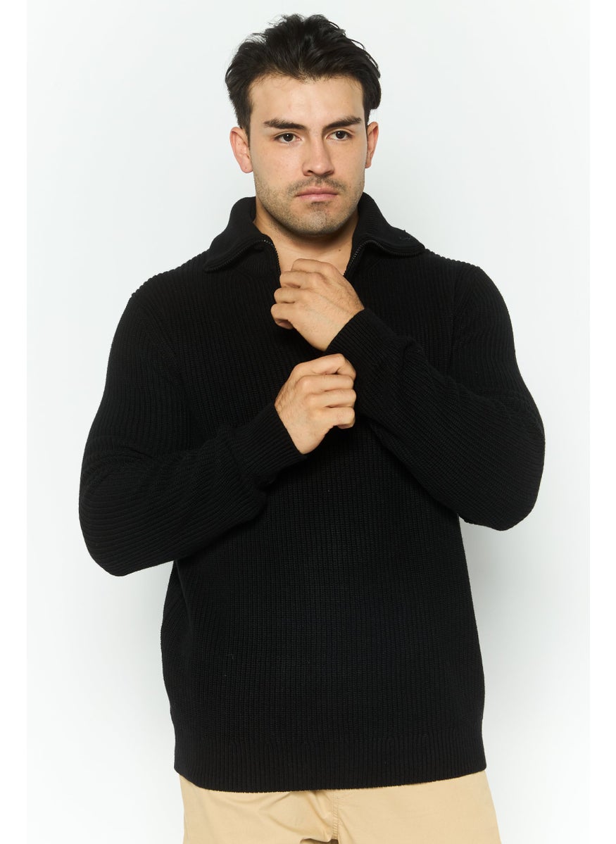 Men High Neck Long Sleeves Textured Sweater, Black