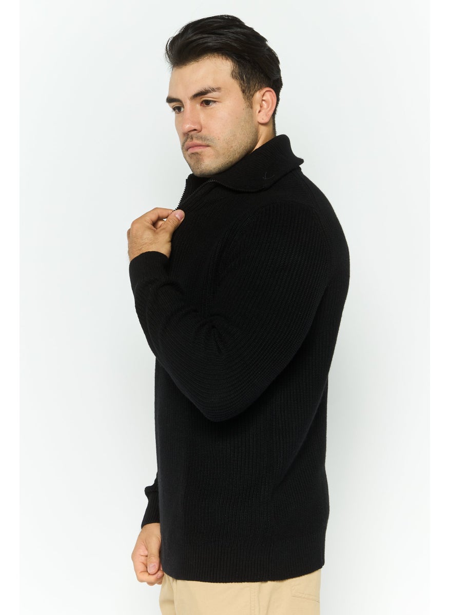 Men High Neck Long Sleeves Textured Sweater, Black