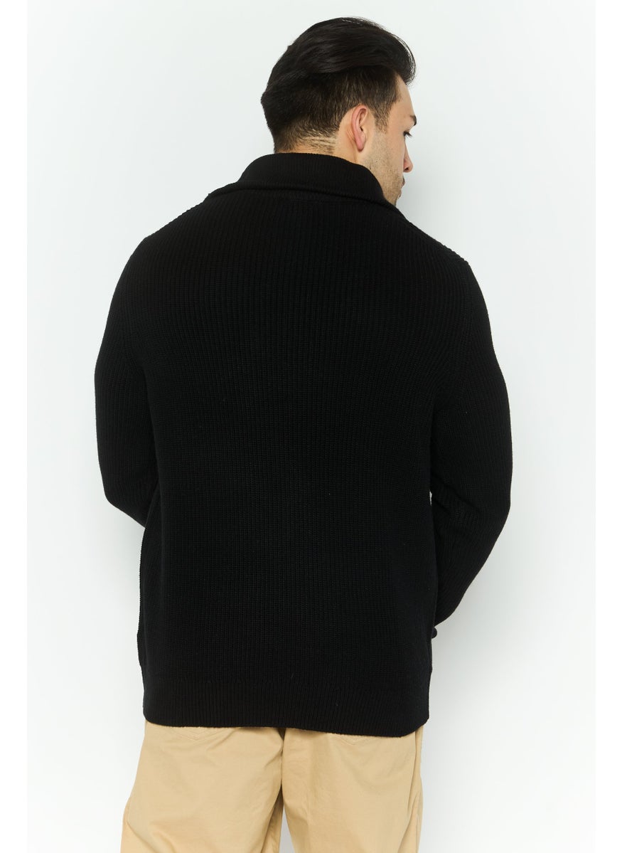 Men High Neck Long Sleeves Textured Sweater, Black