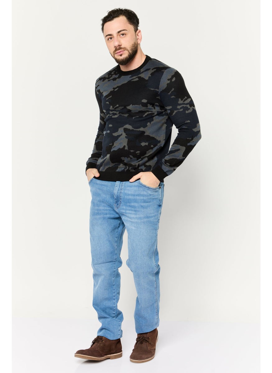 Men Crew Neck Long Sleeves Camouflage Sweater, Black Combo